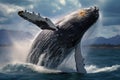 Humpback whale splashing out of the water in the pacific ocean, Humpback whale jumping out of the water, AI Generated