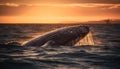 Humpback whale splashing in tranquil seascape beauty generated by AI