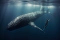 Humpback whale swimming in deep blue ocean. Underwater photography, Sperm whale next to a Freediver, AI Generated Royalty Free Stock Photo