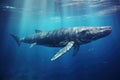 Humpback whale swimming underwater in deep blue ocean. Underwater scene, Sperm whale swimming underwater, AI Generated Royalty Free Stock Photo