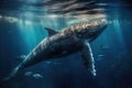 Humpback whale swimming underwater in deep blue ocean. Scientific name: Sperm whale, Sperm whale swimming underwater, AI Generated Royalty Free Stock Photo