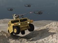 Humvee and helicopters in combat