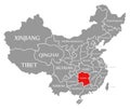 Hunan red highlighted in map of China