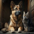 Hund and Katze sitzen verliebt nebeneinander