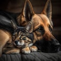 Hund and Katze sitzen verliebt nebeneinander