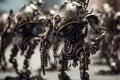 hundert of humanoids silver metal robots marching generative AI