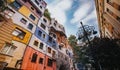 Hundertwasser house in Vienna, Austria with moving clouds