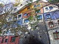 Hundertwasser House, Wien Artist`s creation of brightly painted, natural apartment block with a forested roof & balconies