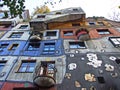 Hundertwasser House, Wien Artist`s creation of brightly painted, natural apartment block with a forested roof & balconies