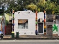 Hundertwasser-styled building on the main street of the small town of Kawakawa in te Northland region of New Zealand