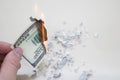 100 hundred burning dollar bill in hand Royalty Free Stock Photo