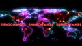 hundred digital light global map and bold ransomware text. concept hacker use ransomware to encryption data system or financial