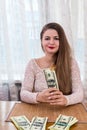 Hundred dollar banknote burns in woman hands