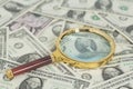 Hundred dollar banknote under magnifying glass