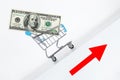 Hundred dollar bill in cart. Rising up direction with red arrow sign. Growth of wealth concept. Growing public Debt