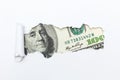 A hundred-dollar bill in a white background rupture. A hole in a white background