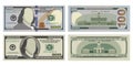 Hundred dollar bills in new and old design from both sides. 100 US dollars banknote, from front and reverse side. Vector Royalty Free Stock Photo