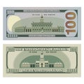 Hundred dollar bills in new and old design from the reverse side. 100 US dollars banknotes. Vector illustration of USD on white Royalty Free Stock Photo