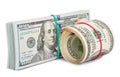 Hundred dollar bills rolled up with rubberband Royalty Free Stock Photo