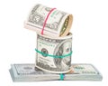 Hundred dollar bills rolled up with rubberband Royalty Free Stock Photo