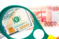 Hundred dollar under a magnifying glass on the bacdrop euro and ruble banknotes. Royalty Free Stock Photo