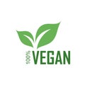 Hundred percent Vegan logo with green leaves for organic Vegetarian friendly diet Royalty Free Stock Photo