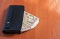 Hundred Ukrainian hryvnia banknotes in black purse