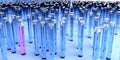 Hundreds of blue test tubes and a pink one Royalty Free Stock Photo