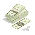 Hundreds of dollars. Stacked pile of cash. Stack of US Dollars on white background. Flat 3d isometric vector
