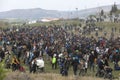 Hundreds of migrants and refugees gathered outside of a refugee camp in Diavata Royalty Free Stock Photo