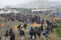 Hundreds of migrants and refugees gathered outside of a refugee camp in Diavata Royalty Free Stock Photo