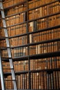 Old Leatherbound Books on Shelves with a Ladder