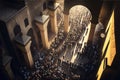 Hundreds of people gathered between ancient pillars, arches for prayer. Ramadan as a time of fasting and prayer for Muslims Royalty Free Stock Photo