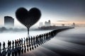 Hundreds Of People Walking Towards A Large Love Heart In The Mist. Generative AI