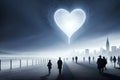 Hundreds Of People Walking Towards A Large Love Heart In The Mist. Generative AI