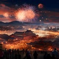 Hundreds of people watching fireworks display over temples. New Year\'s fun and festiv