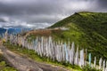 Hundreds prayer flags in high mountain pass , Longta , wind horse , Bhutan Royalty Free Stock Photo