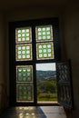 HUNEDOARA, ROMANIA:Open window. View of the beautiful summer landscape, view from the castle Corvin Castle