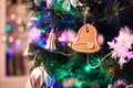 Christmas decorations hung on the Christmas tree. Royalty Free Stock Photo