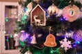 Christmas decorations hung on the Christmas tree. Royalty Free Stock Photo