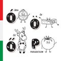 Hungarian alphabet. Alarm, Belt, Roe, Tomato. Vector letters and characters.