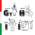 Hungarian alphabet. Candle, Ant, Injun, Deck. Vector letters and characters