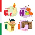 Hungarian alphabet. Candle, Ant, Injun, Deck. Vector letters and characters