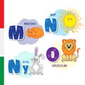 Hungarian alphabet. Cat, Sun, Rabbit, Lion. Vector letters and characters. Royalty Free Stock Photo