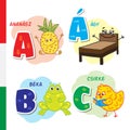 Hungarian alphabet. Pineapple, bed, frog, chicken. Vector letters and characters.