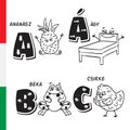 Hungarian alphabet. Pineapple, bed, frog, chicken. Vector letters and characters.