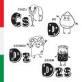 Hungarian alphabet. Slingshot, Walnut, Joker, Jam. Vector letters and characters.