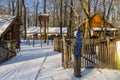 Hungarian banyard exhibit in Szeged Zoo in winter