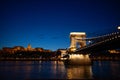 Hungarian Chain bridge, Royal palace and Danube river in Budapest at night Royalty Free Stock Photo