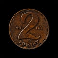 Hungarian coin over a black background